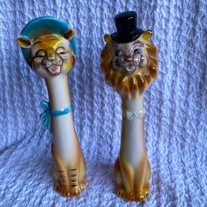 Vintage Salt & Pepper shakers Mr Mrs long neck Lion couple MCM kitsch rare